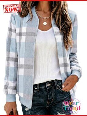Women's Plaid Flannel Bomber Jacket Zip Up Lightweight Casual Coat